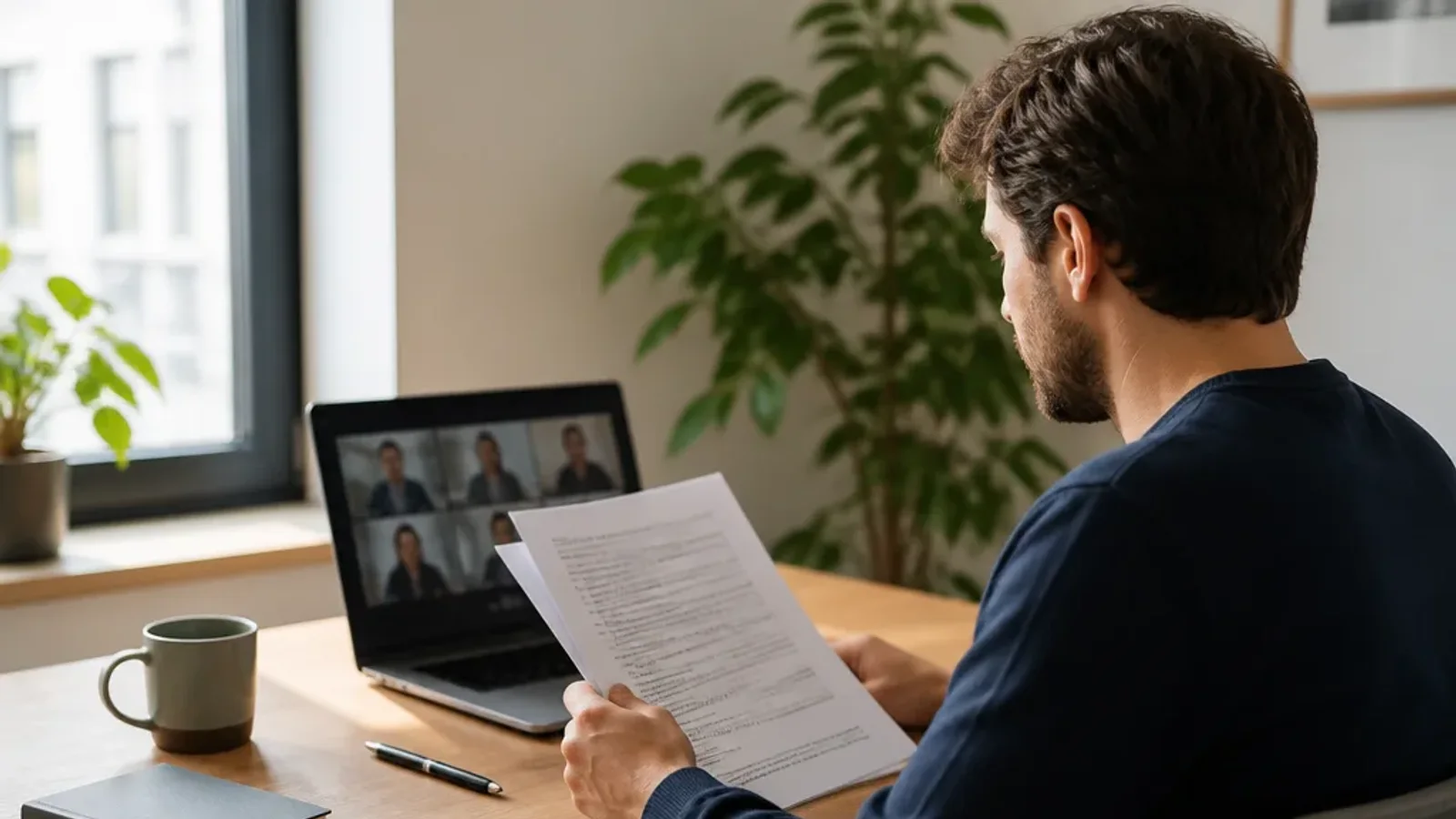 Remote worker at a home desk reviewing a signed services agreement beside a laptop on a video call