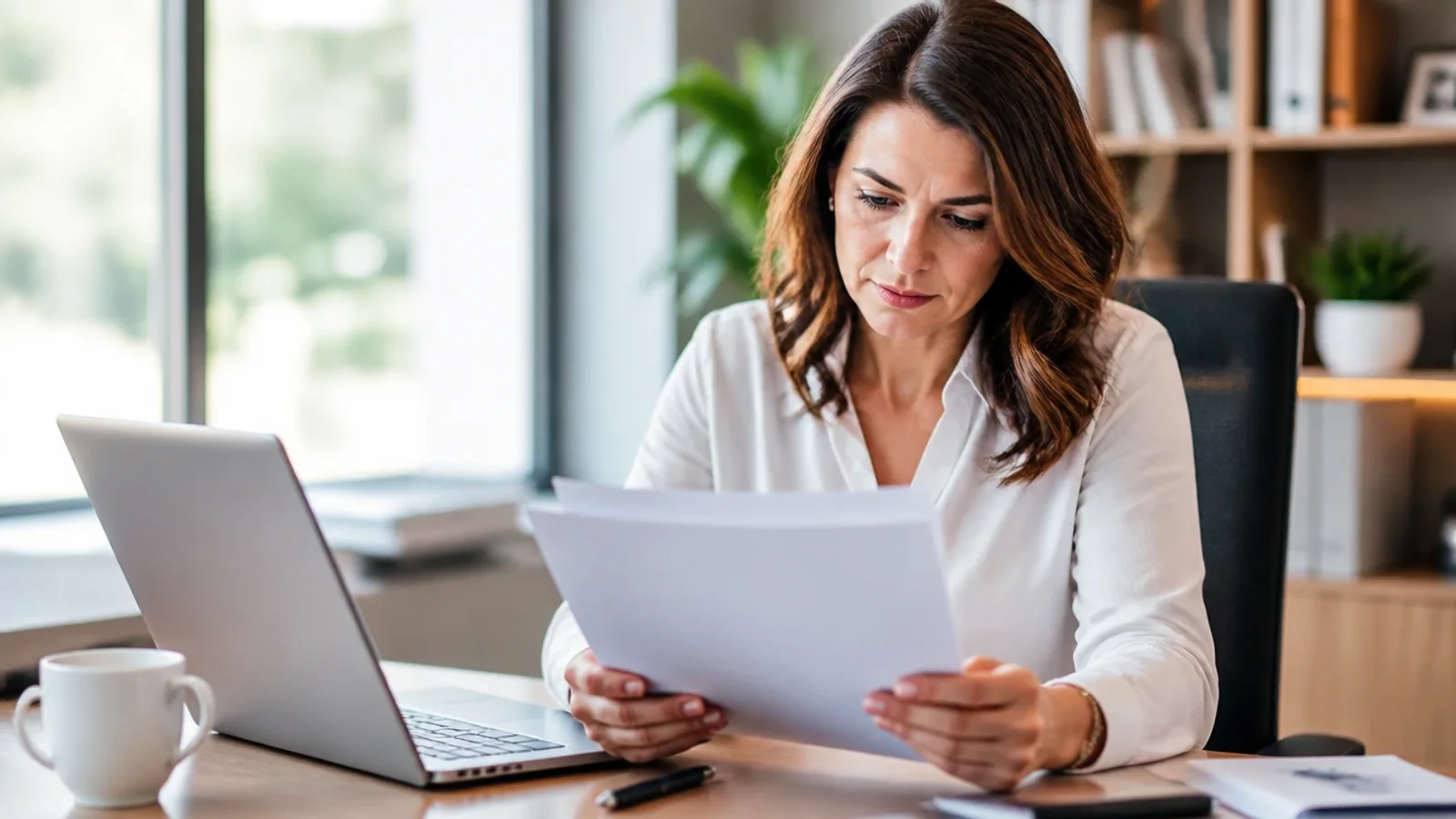 Hiring manager at a bright office desk reading a printed recruiting agreement beside an open laptop