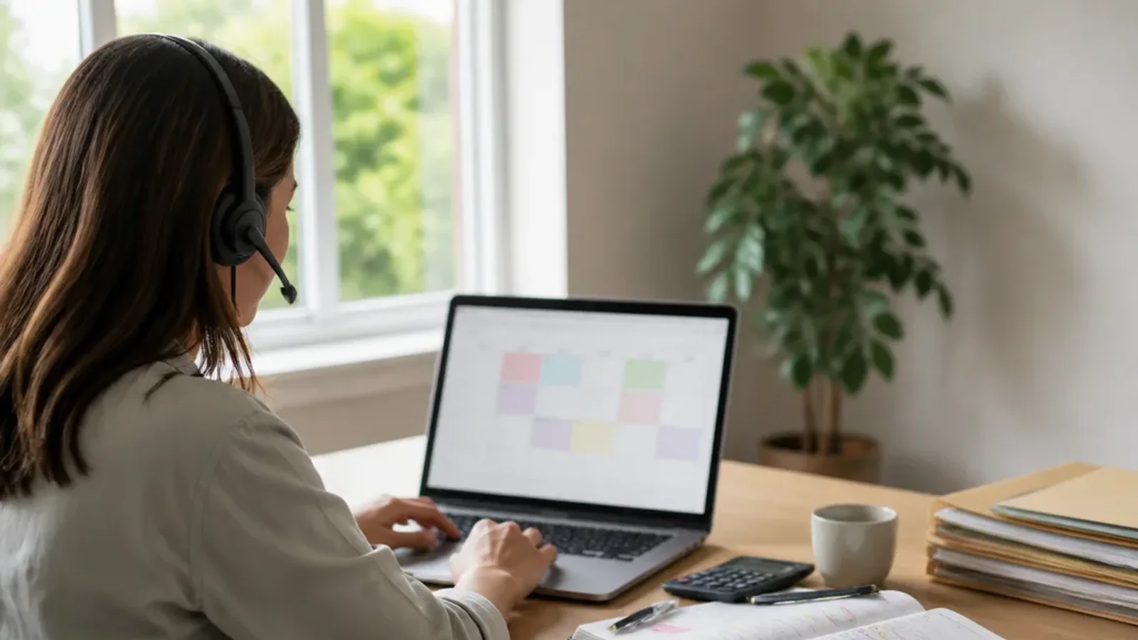 Remote assistant at a home desk working through a shared calendar and inbox on a laptop