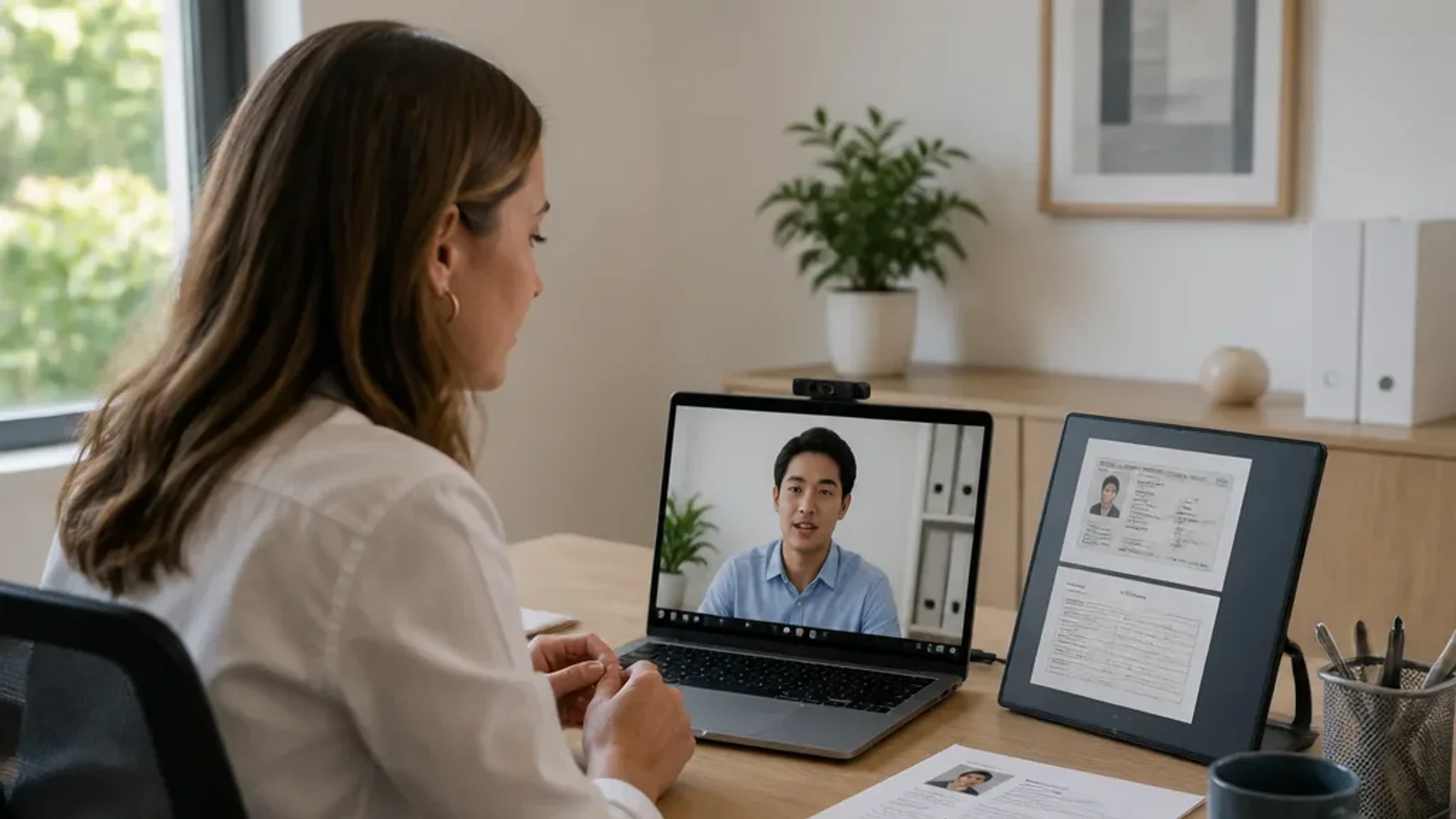 Hiring manager on a video interview call reviewing a candidate's identity documents on a second screen