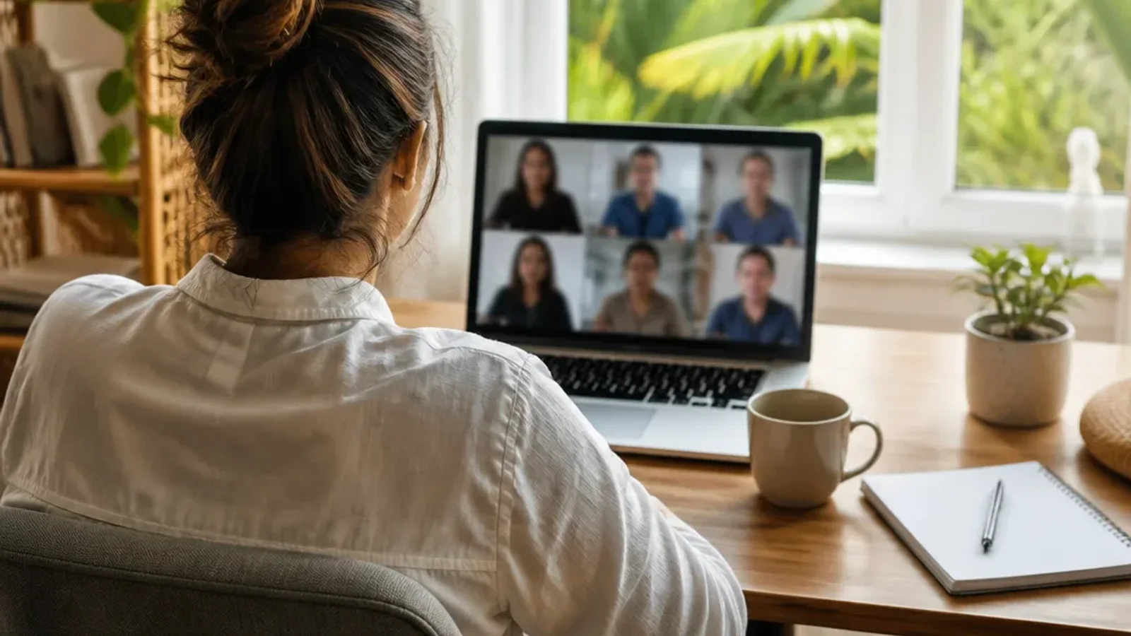 Remote professional at a home-office desk joining a video call with six colleagues during shared working hours