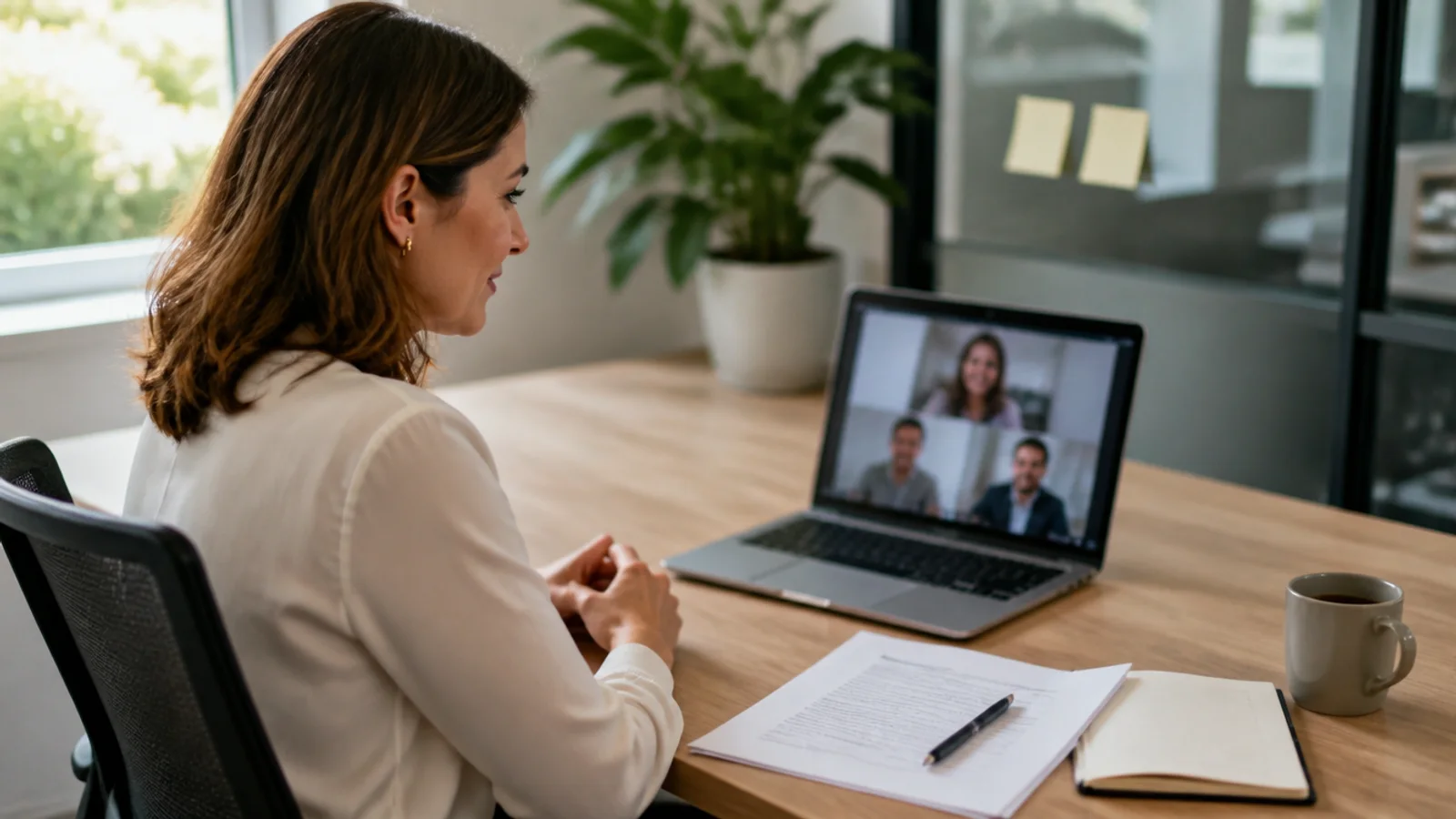 Hiring manager at an office desk on a video call with three remote teammates, a signed agreement beside her laptop