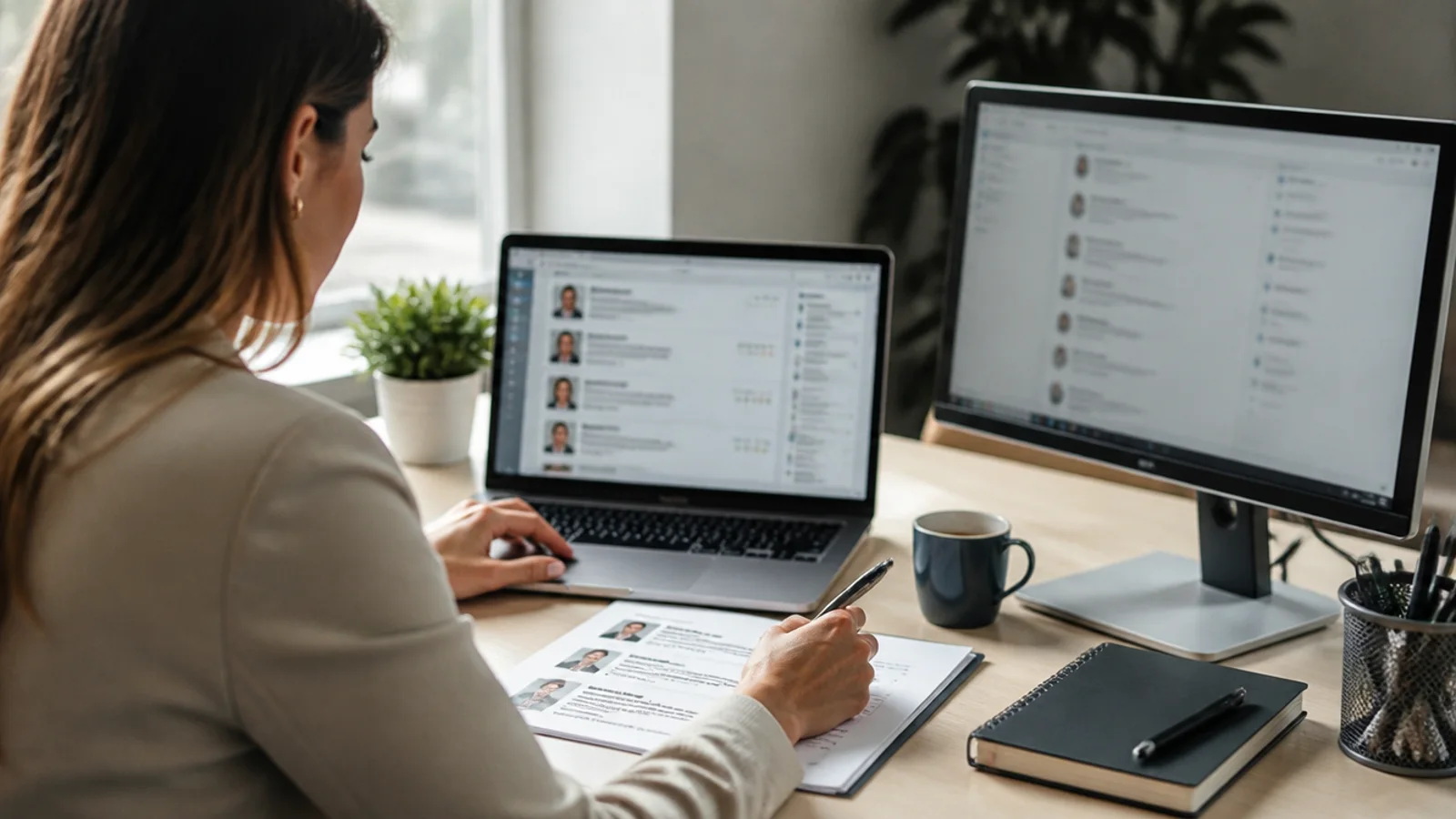 Recruiter at a desk scrolling candidate profiles on a laptop, a printed shortlist and pen beside the keyboard