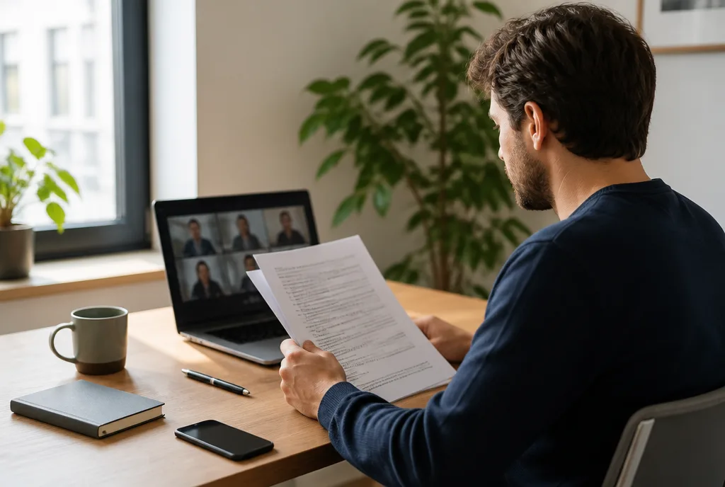Remote worker at a home desk reviewing a signed services agreement beside a laptop on a video call