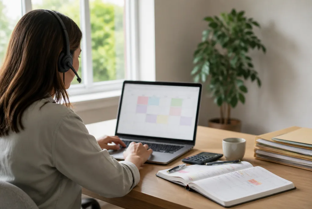 Remote assistant at a home desk working through a shared calendar and inbox on a laptop