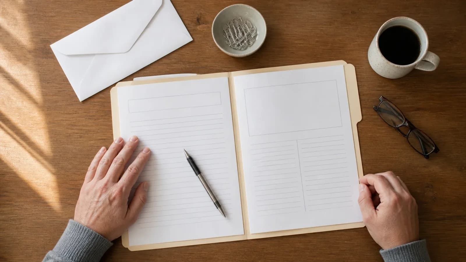 Open folder on a desk holding two printed invoices, with a pen, an envelope, glasses and a coffee mug beside it