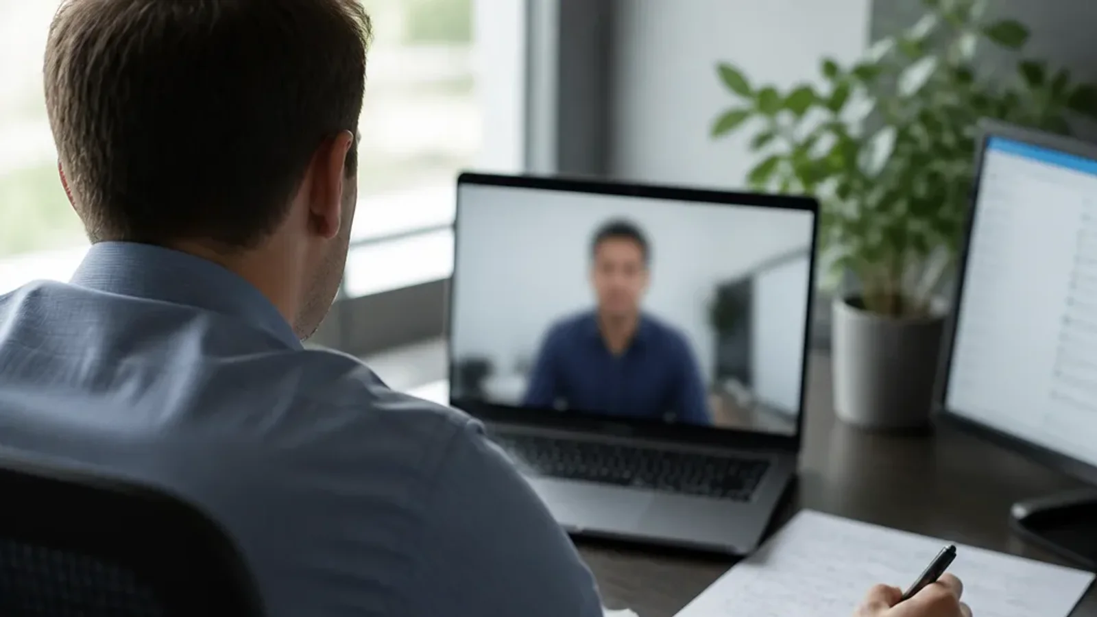 Hiring manager reviewing a candidate on a laptop video call while taking notes at a desk