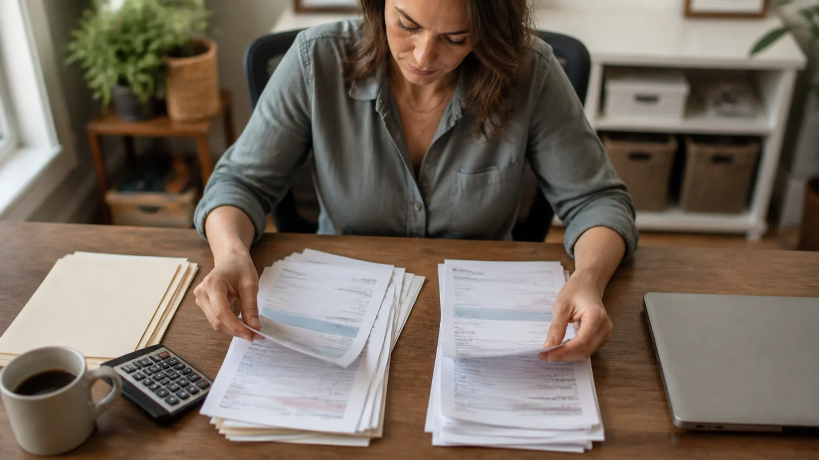 Business owner at a desk sorting paper invoices and bank statements into two piles beside a calculator and a closed laptop