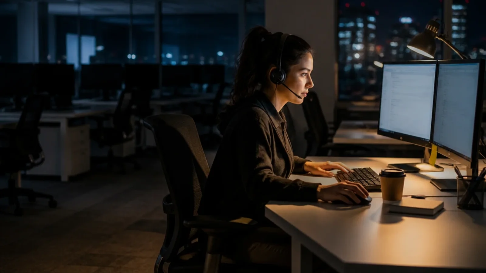 Customer support agent working alone at a lit desk in a dark open-plan office during an overnight shift