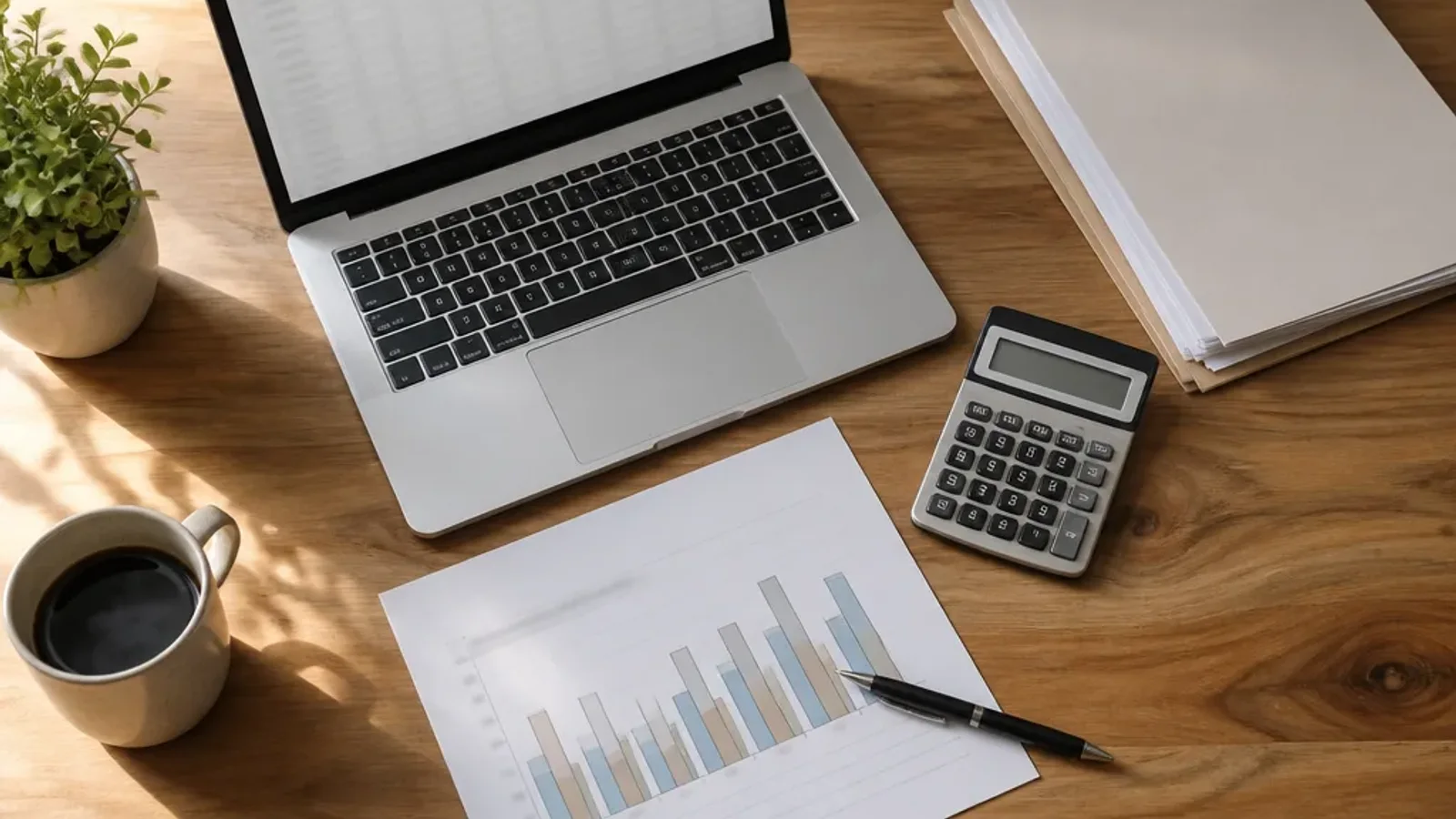 Desk with a laptop, calculator and printed spreadsheet used to compare the cost of two hires