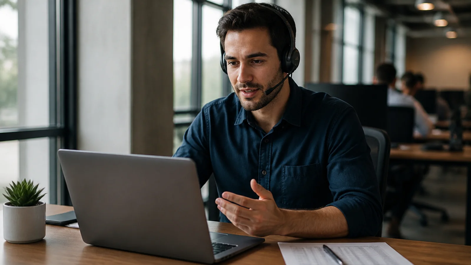 Sales development rep in a headset, mid call at a laptop in an open-plan office with a printed call list beside it
