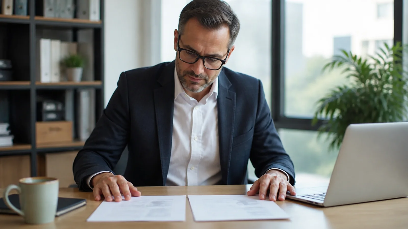 Hiring manager at a desk comparing two printed recruiting proposals beside an open laptop